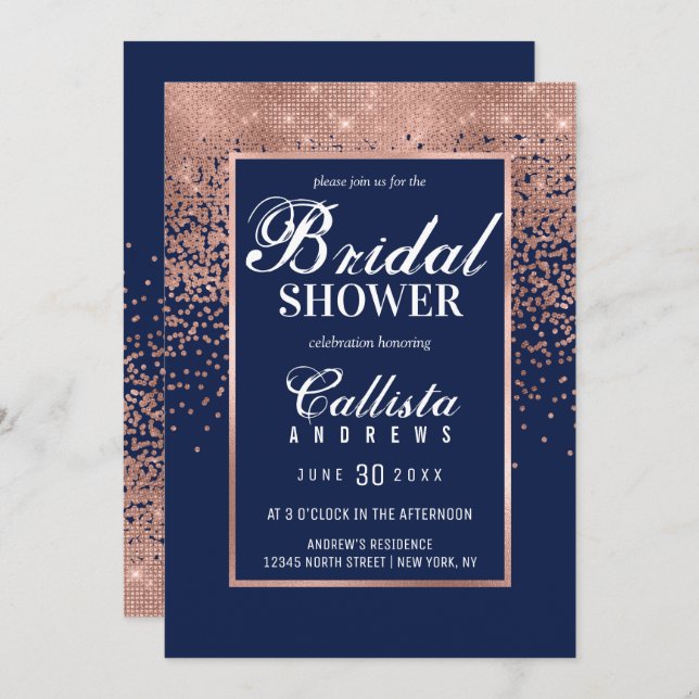 Chic Navy Rose Gold Glitter Confetti Bridal Shower Invitation (Front/Back)
