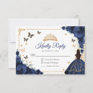 Chic Navy Roses Gold Quinceanera Reply RSVP Card