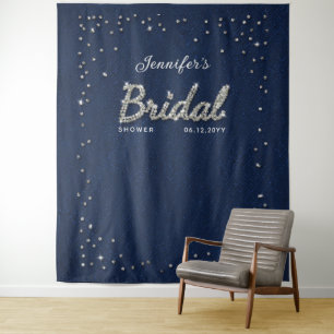 Chic Navy Sparkle Glitter Bridal Shower Backdrop Tapestry