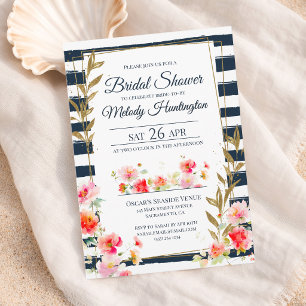 Chic Navy Stripes Floral Gold Nautic Bridal Shower Invitation