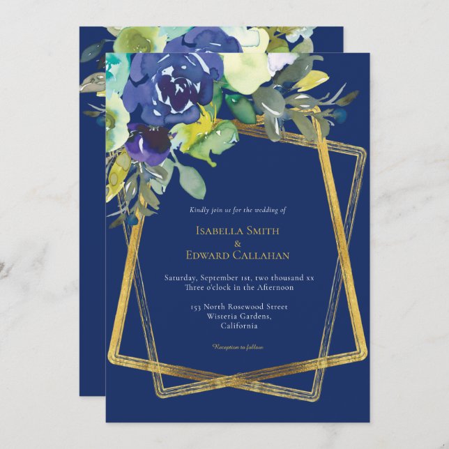 Chic Navy Watercolor Floral Gold Geometric Frame Invitation (Front/Back)