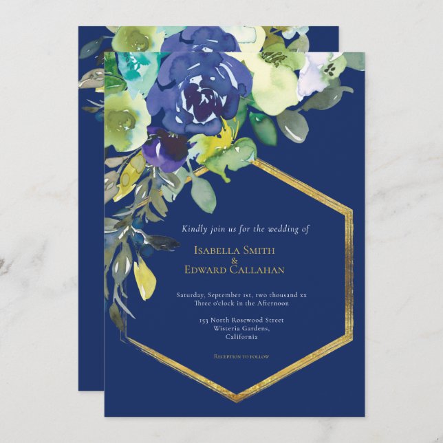 Chic Navy Watercolor Floral  Gold Geometric Frame  Invitation (Front/Back)