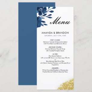 Chic Navy Watercolor Flowers Gold Glitter Wedding Menu