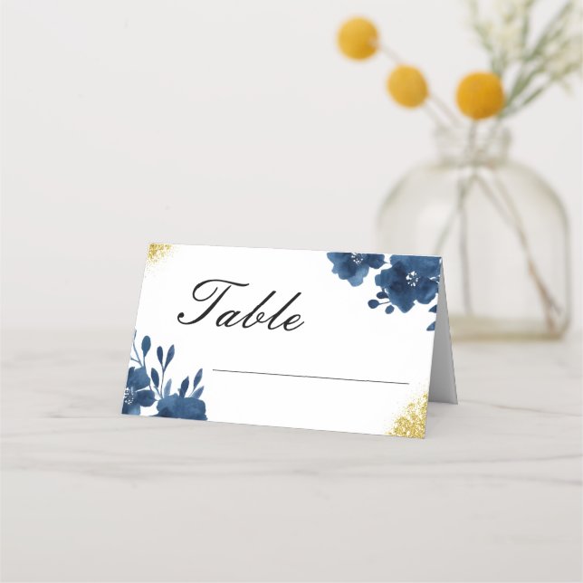 Chic Navy Watercolor Flowers Gold Glitter Wedding Place Card (Front)