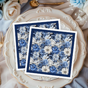 Chic Navy White Ivory Floral Soft Party Napkins