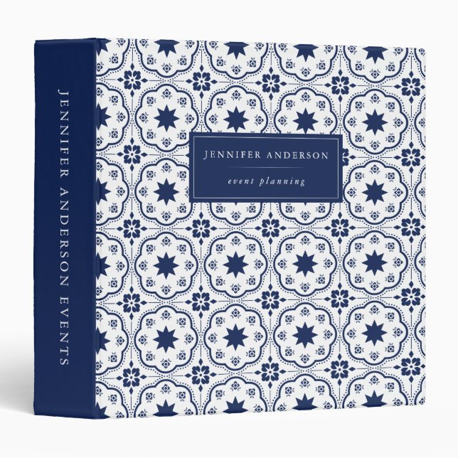 Chic Navy & White Moroccan Tile Pattern Binder (Front/Spine)