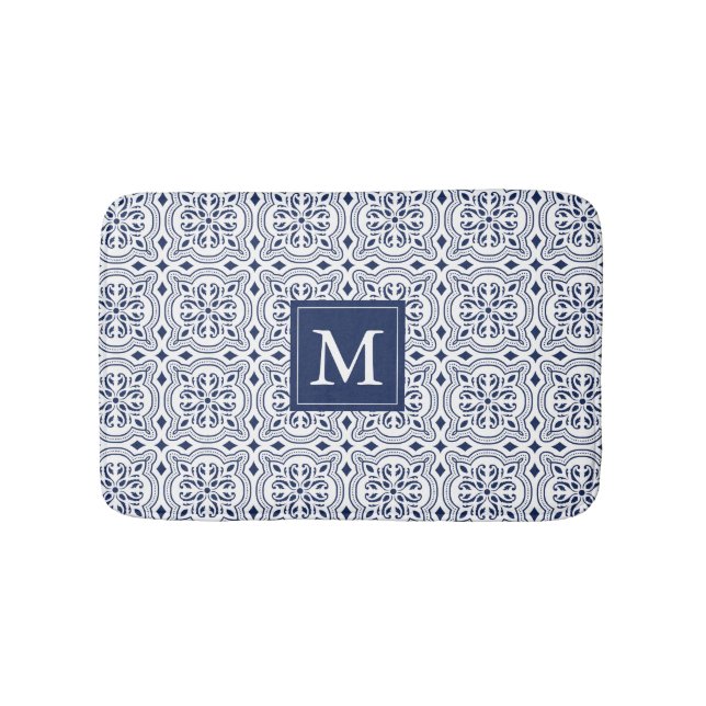 Chic Navy & White Moroccan Tile Pattern Monogram Bath Mat (Front)