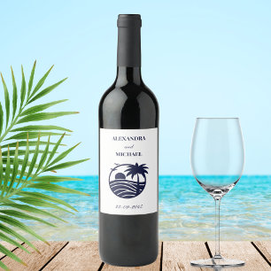 Chic Navy White Palm Tree Coastal Wedding  Wine Label