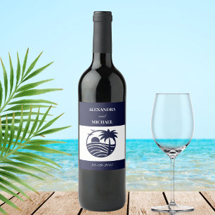 Chic Navy White Stripe Palm Tree Coastal Wedding  Wine Label