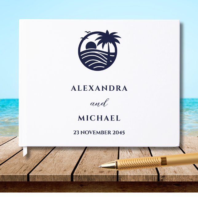 Chic Navy White Tropical Palm Tree Coastal Wedding Guest Book (Creator Uploaded)