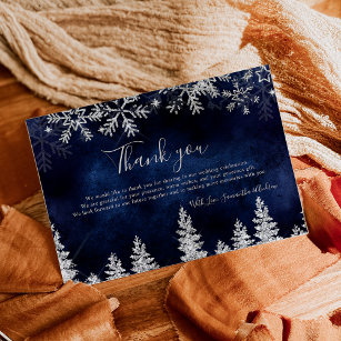 Chic Navy Winter silver snow pine wedding Thank You Card
