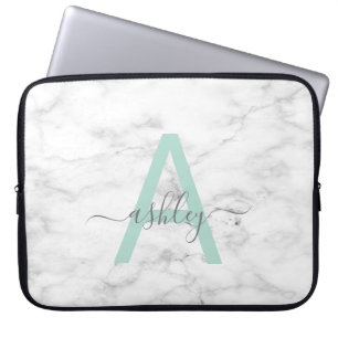 Chic Neo Mint White Marble Script Name Monogram Laptop Sleeve