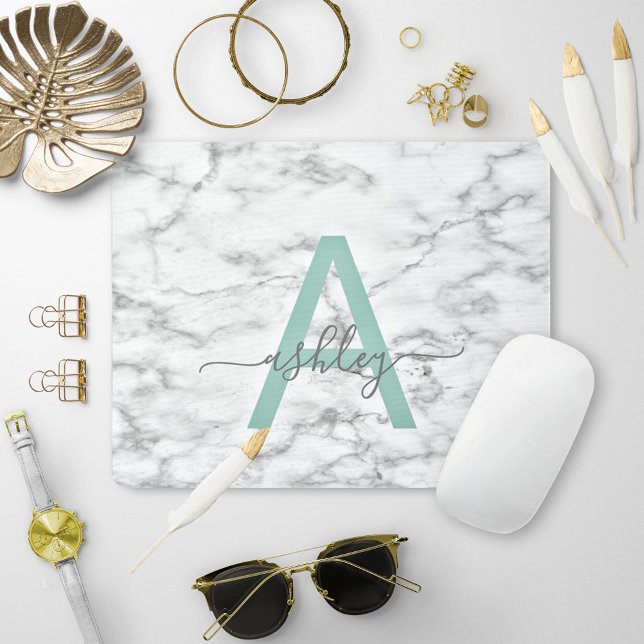 Chic Neo Mint White Marble Script Name Monogram Mouse Pad (Creator Uploaded)