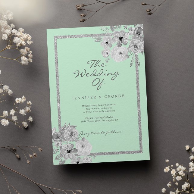 Chic neo mint white silver glitter floral wedding invitation (Chic neo mint white silver glitter floral wedding)