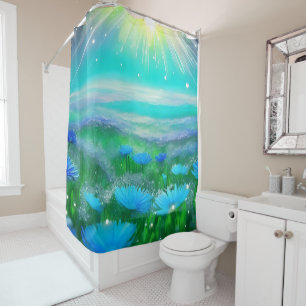 Chic Neon Blue Green Floral Sunny Shower Curtain