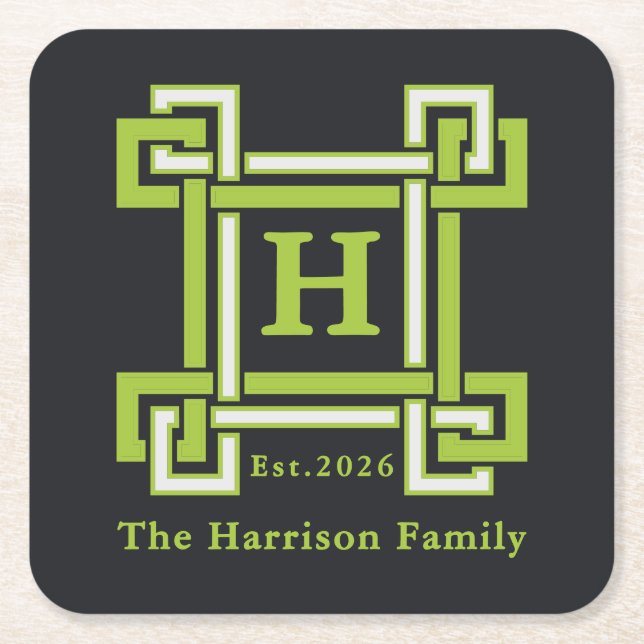 Chic Neon Citrus Green Black Geometric Custom Square Paper Coaster (Front)