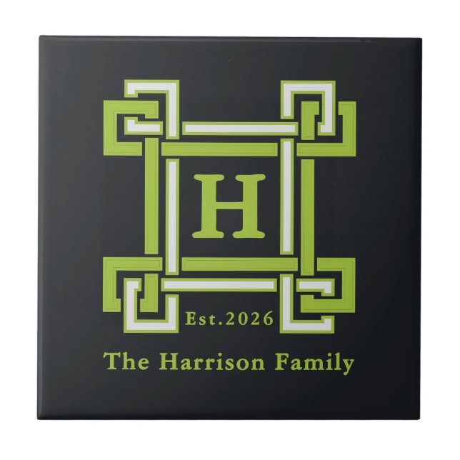 Chic Neon Citrus Green Black Geometric Custom Tile (Front)