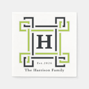 Chic Neon Citrus Green Black Monogram Family Name Napkin