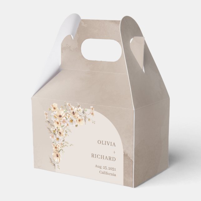 Chic neutral boho arch rustic ivory wildflowers favor box (Front Side)