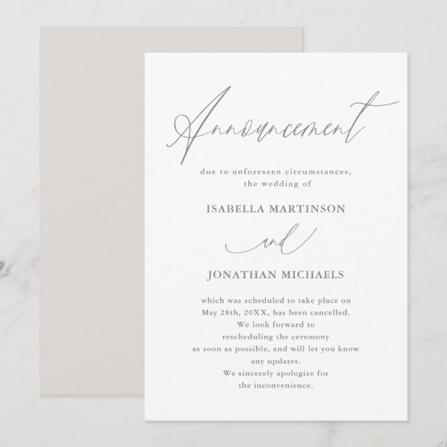 Chic Neutral Calligraphy Wedding Cancellation Invitation (Front/Back)