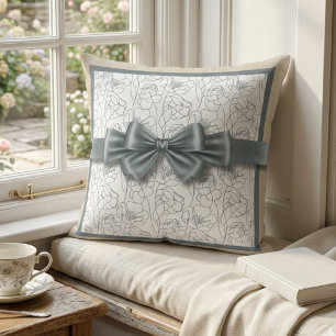 Chic Neutral Floral Croquet Bow Home Décor Throw Pillow