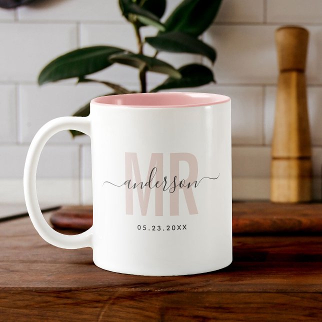 Chic New MR Custom Name Wedding Date Blush Two-Tone Coffee Mug (Creator Uploaded)