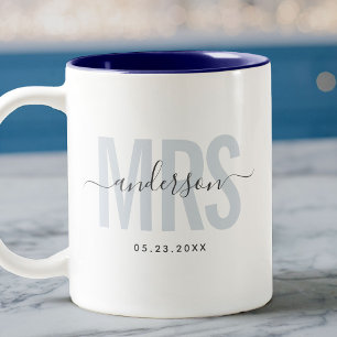 Chic New MRS Custom Name Wedding Date Blue Two-Tone Coffee Mug