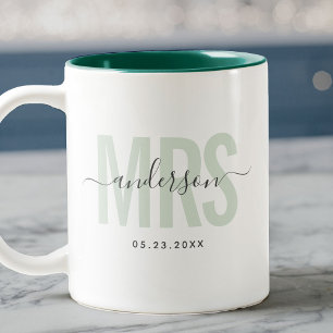 Chic New MRS Custom Name Wedding Date Sage Green Two-Tone Coffee Mug