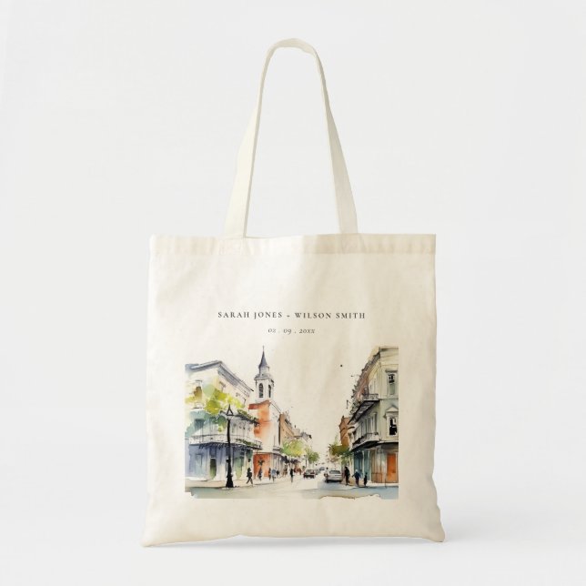 Chic New Orleans Louisiana Watercolor Wedding Tote Bag (Front)