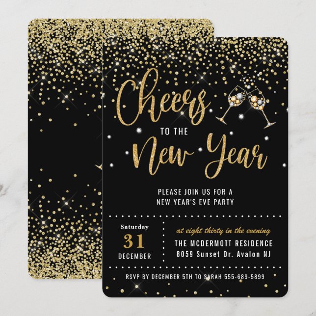 Chic New Year's Eve Party Black Gold Glitter Invit Invitation (Front/Back)