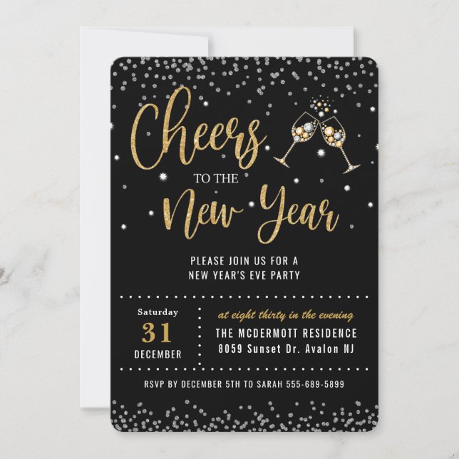 Chic New Year's Eve Party Black Gold Glitter Invitation (Front)