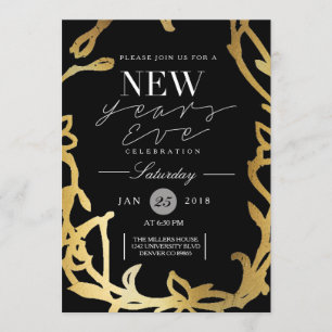 Chic New Years Eve Party Gold Floral Invitation