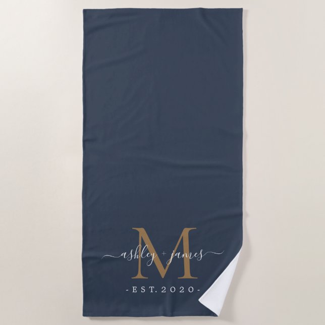 Chic Newlywed Gold Monogram Script Names Dark Blue Beach Towel (Front)