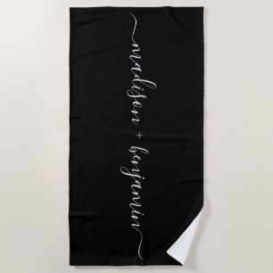 Chic Newlywed Monogram Names Black White Beach Towel