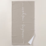 Chic Newlywed Monogram Names Grey Beach Towel<br><div class="desc">Chic monogrammed beach towel with the names of the newly weds in handwritten white elegant script calligraphy on a shiitake grey background. Simply add your names. Perfect gift for the newlywed couple or engaged couple. Exclusively designed for you by Happy Dolphin Studio. If you need any help or matching products,...</div>