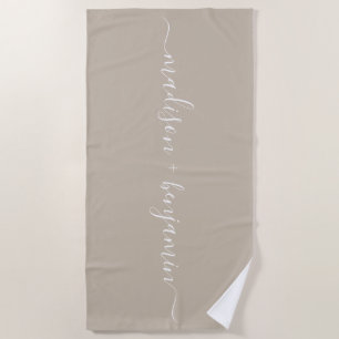 Chic Newlywed Monogram Names Grey Beach Towel