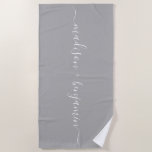 Chic Newlywed Monogram Names Grey Beach Towel<br><div class="desc">Chic monogrammed beach towel with the names of the newly weds in handwritten white elegant script calligraphy on a grey background. Simply add your names. Perfect gift for the newlywed couple or engaged couple. Exclusively designed for you by Happy Dolphin Studio. If you need any help or matching products, please...</div>