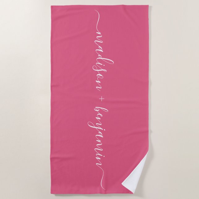 Chic Newlywed Monogram Names Hot Pink Beach Towel (Front)