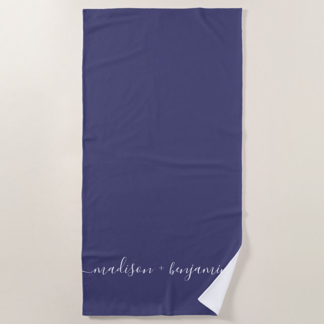 Chic Newlywed Monogram Names Navy Blue Beach Towel (Front)
