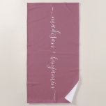 Chic Newlywed Monogram Names Purple Beach Towel<br><div class="desc">Chic monogrammed beach towel with the names of the newly weds in handwritten white elegant script calligraphy on a purple cassis background. Simply add your names. Perfect gift for the newlywed couple or engaged couple. Exclusively designed for you by Happy Dolphin Studio. If you need any help or matching products,...</div>