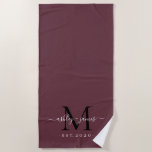 Chic Newlywed Monogram Script Names Burgundy Beach Towel<br><div class="desc">Chic burgundy beach towel with your monogram,  year established and names in elegant handwritten script calligra[hy and modern stylish typography. Perfect gift for the newlywed couple. Exclusively designed for you by Happy Dolphin Studio. If you need any help or matching products,  please contact us through our store chat!</div>