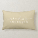 Chic Newlywed Mr Mrs Beige Sand Monogram Lumbar Pillow<br><div class="desc">Chic, modern monogrammed beige pillow with the text Mr and Mrs in white elegant script. Simply add your married name. The beige sand color ancestral gold is used for this stylish design. Perfect luxury gift for the newlywed couple. Exclusively designed for you by Happy Dolphin Studio. If you need any...</div>