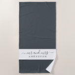 Chic Newlywed Mr Mrs Black and White Monogrammed Beach Towel<br><div class="desc">Chic black and white monogrammed beach towel with the text Mr and Mrs in elegant script. The colour black forest is used for elegant beach towel you can customize with your married name. Perfect gift for the newlywed couple. Exclusively designed for you by Happy Dolphin Studio.</div>