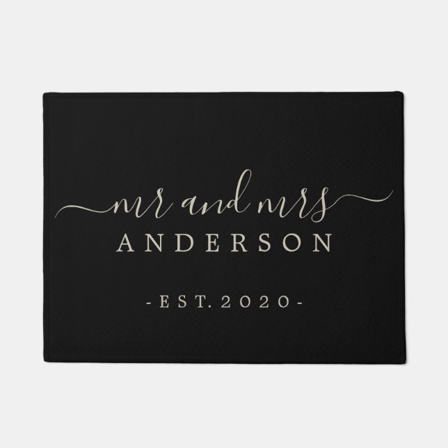 Chic Newlywed Mr Mrs Black Grey Family Monogram Doormat (Front)