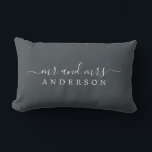 Chic Newlywed Mr Mrs Black White Monogram Lumbar Pillow<br><div class="desc">Chic, modern monogrammed black and white pillow with the text Mr and Mrs in white elegant script. Simply add your married name. The off-black colour black forest is used for this stylish design. Perfect luxury gift for the newlywed couple. Exclusively designed for you by Happy Dolphin Studio. If you need...</div>