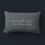 Chic Newlywed Mr Mrs Black White Monogram Lumbar Pillow<br><div class="desc">Chic, modern monogrammed black and white pillow with the text Mr and Mrs in white elegant script. Simply add your married name. The off-black colour black forest is used for this stylish design. Perfect luxury gift for the newlywed couple. Exclusively designed for you by Happy Dolphin Studio. If you need...</div>