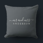 Chic Newlywed Mr Mrs Black White Monogram Throw Pillow<br><div class="desc">Chic, modern monogrammed black and white pillow with the text Mr and Mrs in white elegant script. Simply add your married name. The off-black colour black forest is used for this stylish design. Perfect luxury gift for the newlywed couple. Exclusively designed for you by Happy Dolphin Studio. If you need...</div>