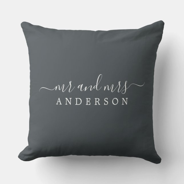 Chic Newlywed Mr Mrs Black White Monogram Throw Pillow (Front)