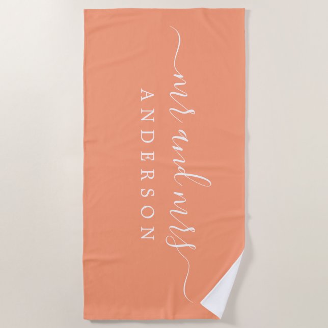 Chic Newlywed Mr Mrs Bright Orange Monogrammed Beach Towel (Front)
