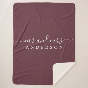Chic Newlywed Mr Mrs Burgundy Monogram Sherpa Blanket